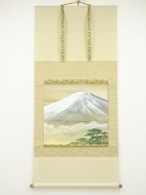 松生春山人筆　霊峰　肉筆絹本掛軸（共箱）